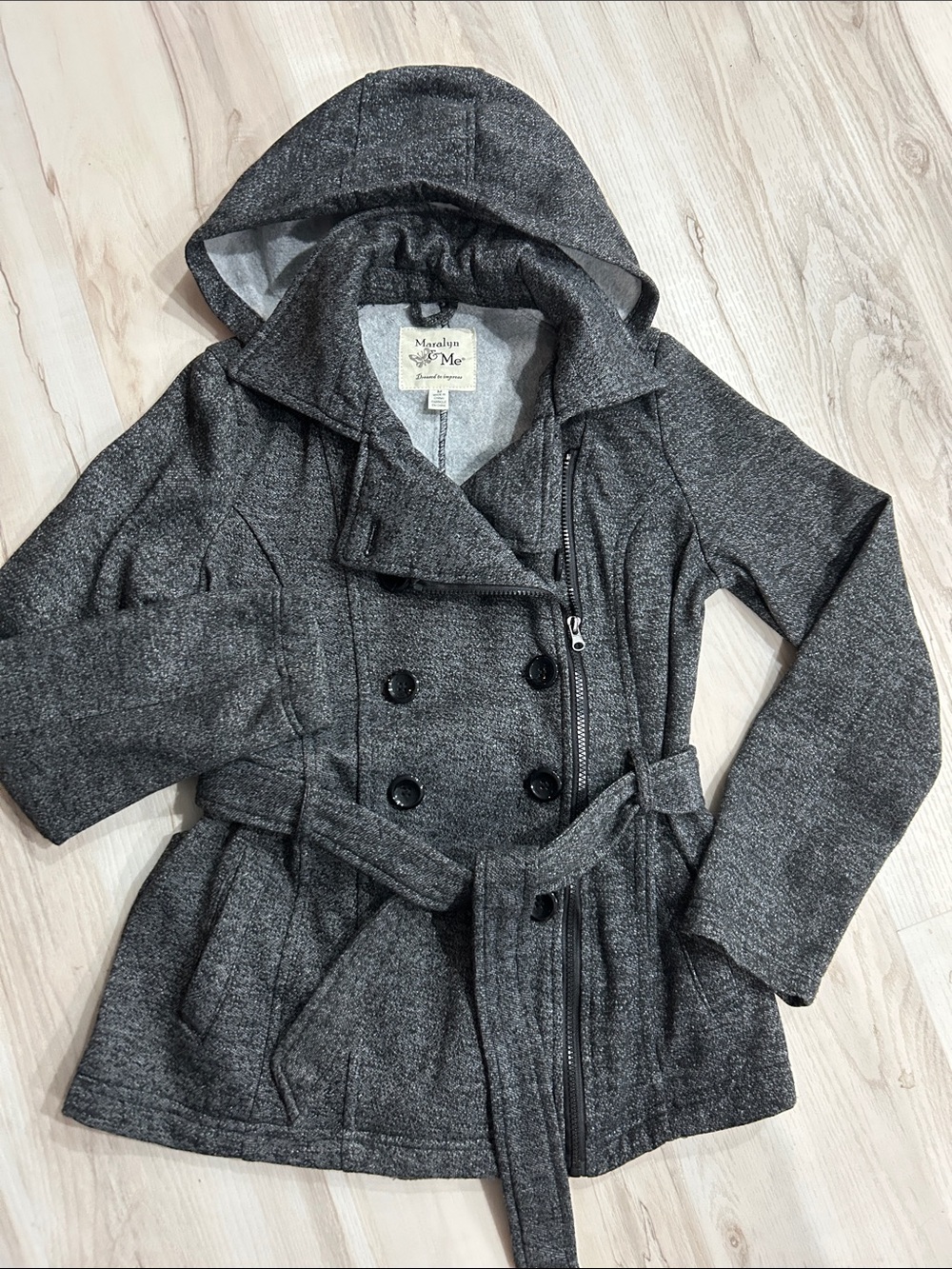 Maralyn & Me Hooded Double-Breasted Dark Gray Peacoat